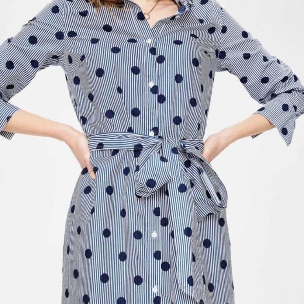 Boden Modern Navy Blue Striped Polka Dot Belted Shirt Dress Size 14R